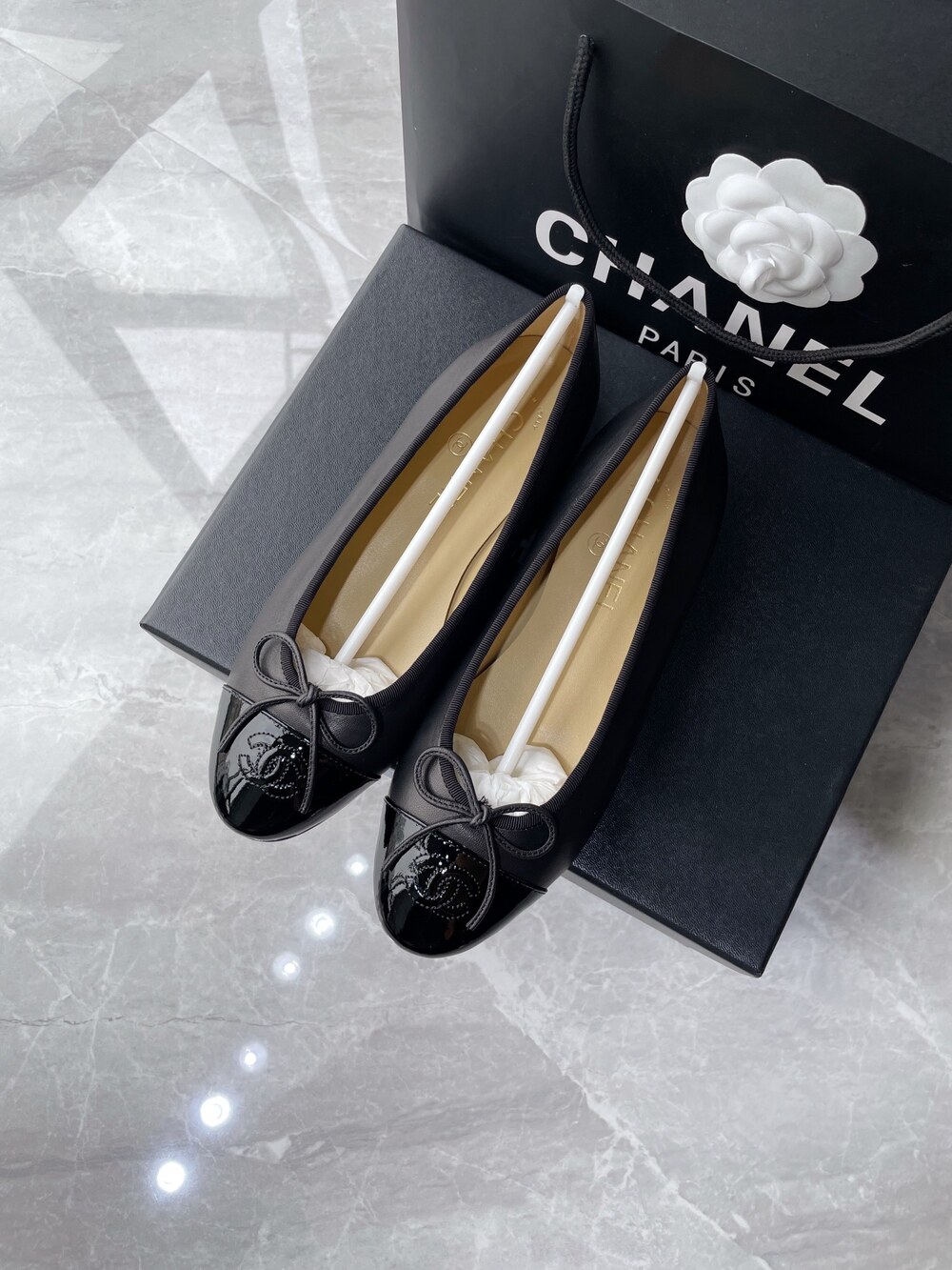 Chanel Black Two Tone Cap Toe Bow Ballet Flats with CC Logo